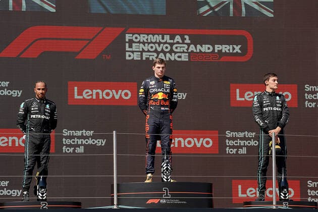 July 24, 2022, France: 24.07.2022, Circuit Paul Ricard, Le Castellet, FORMULA 1 LENOVO GRAND PRIX DE FRANCE 2022& xA; , im Bild& xA;Podium& xA;Sieger Max Verstappen (NEL), Oracle Red Bull Racing, 2.Platz fur Lewis Hamilton (GBR), Mercedes-AMG Petronas Formula One Team, 3.Platz fur George Russell (GBR), Mercedes-AMG Petronas Formula One Team. Formula 1 Championship - FORMULA 1 LENOVO GRAND PRIX DE FRANCE 2022, , France - ZUMAl164 20220724_zsa_l164_172 Copyright: xHasanxBratic Avensimagesx