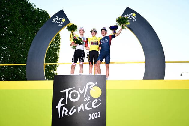 July 24, 2022, France: Tour de France stage 21 Paris La Defense Arena to Paris Champs-Elysees (115,6km). POGACAR Tadej (UAE TEAM EMIRATES), VINGEGAARD Jonas (JUMBO - VISMA) et THOMAS Geraint (INEOS GRENADIERS) France - ZUMAz03_ 20220724_stw_z03_678 Copyright: xA.O.Sx