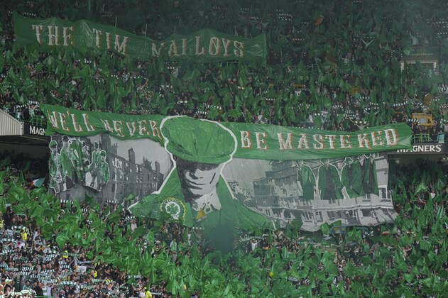 Mandatory Credit: Photo by Stuart Wallace Shutterstock (12917124a) Celtic fans banner display. Celtic v Rangers, Cinch Scottish Premiership, Football, Celtic Park, Glasgow, UK - 01 May 2022 EDITORIAL USE ONLY No use with unauthorised audio, video, data, fixture lists, club league logos or live services. Online in-match use limited to 120 images, no video emulation. No use in betting, games or single club league player publications. Celtic v Rangers, Cinch Scottish Premiership, Football, Celtic Park, Glasgow, UK - 01 May 2022 EDITORIAL USE ONLY No use with unauthorised audio, video, data, fixture lists, club league logos or live services. Online in-match use limited to 120 images, no video emulation. No use in betting, games or single club league player publications.  Copyright: xStuartxWallace Shutterstockx 12917124a