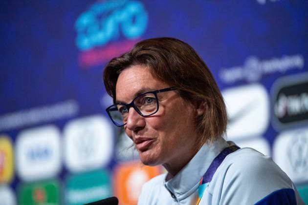 Corinne Diacre France, Coach , GBR, Press Conference France, Football UEFA Womens EURO 2022, 26 07 2022, Semifinals GBR, Press Conference France MD 1, Football UEFA Womens EURO 2022, 26 07 2022, Semifinals Milton Keynes Copyright: xEibner Memmlerx EP_MMR