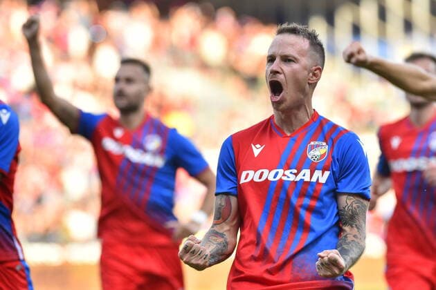 Jan Sykora of Plzen celebrates a goal during the Champions League 2nd qualifying round return match Viktoria Plzen vs HJK Helsinki in Pilsen, Czech Republic, July 26, 2022. (CTKxPhoto MiroslavxChaloupka) CTKPhotoP2022072606609 