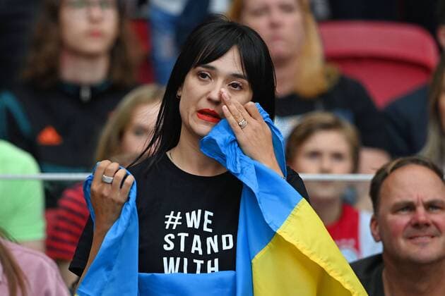 AMSTERDAM Ukrainian fans during the friendly match between Ajax Amsterdam and FK Shakhtar Donetsk at the Johan Cruijff ArenA on July 26, 2022 in Amsterdam, Netherlands ANP OLAF KRAAK Pre Season Friendly 2022 2023 xVIxANPxSportx xxANPxIVx 452336544 originalFilename: 452336544.jpg