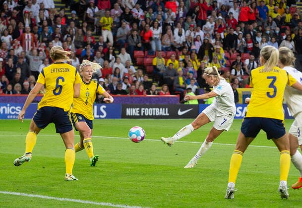 Football - 2022 UEFA Womens European Championship, EM, Europameisterschaft Finals - Semi-Finals - England vs Sweden - Bramall Lane, Sheffield - Tuesday 26th July 2022 Beth Mead of England scores to make it 1-0 