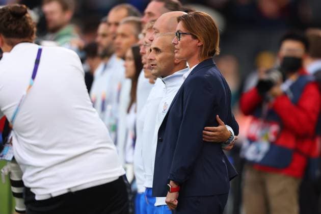 27th July 2022; Stadium MK, Milton Keynes, Bucks, England: Womens European International football tournament, semi-final; France versus Germany: France Manager Corinne Diacre sings the national anthem pre-game  ActionPlus12411243 ShaunxBrooks