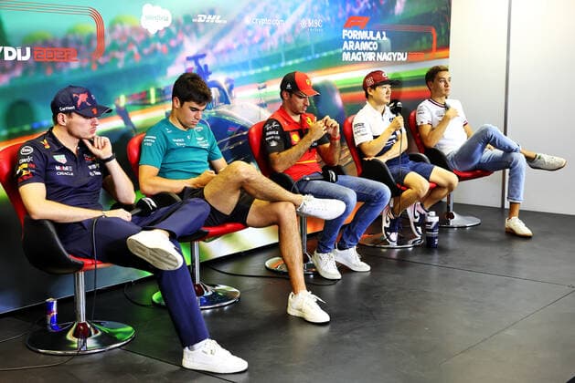 1 Max Verstappen NLD, Oracle Red Bull Racing , 18 Lance Stroll CAN, Aston Martin Aramco Cognizant F1 Team , 55 Carlos Sainz ESP, Scuderia Ferrari , 22 Yuki Tsunoda JPN, Scuderia AlphaTauri , 63 George Russell GBR, Mercedes AMG Petronas F1 Team , F1 Grand Prix of Hungary at Hungaroring on July 28, 2022 in Budapest, Hungary Photo by DPPI via HOCH ZWEI Budapest Hungary