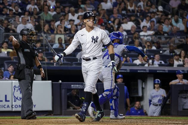 New York Yankees Aaron Judge strikes out in the sixth inning against the Kansas City Royals at Yankee Stadium on Thursday, July 28, 2022 in New York City.  NYP20220728506 COREYxSIPKIN