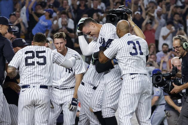 New York Yankees Aaron Judge celebrates with the team after hitting a walk off home run in the ninth inning against the Kansas City Royals at Yankee Stadium on Thursday, July 28, 2022 in New York City.  NYP20220728512 COREYxSIPKIN