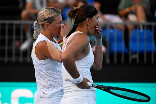 Czech tennis players Lucie Hradecka, right, and Andrea Sestini Hlavackova, left, are seen during the Livesport Prague Open WTA, Tennis Damen women’s tennis tournament, doubles, quarterfinal, against Miyu Kato and Samantha Murray, the last match in Hlavackova s professional career, on July 28, 2022, in Prague, Czech Republic. (CTKxPhoto OndrejxDeml) CTKPhotoP2022072808364
