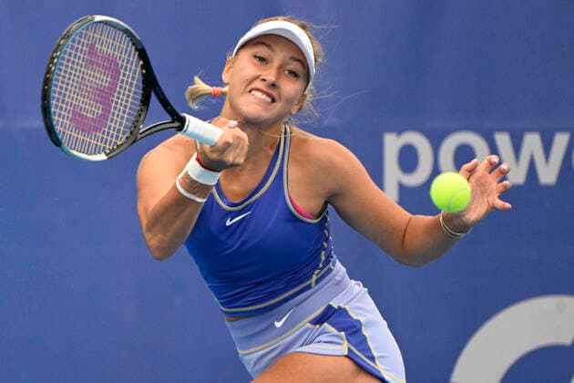 Anastasia Potapova (Russia) in action during the Livesport Prague Open WTA, Tennis Damen women’s tennis tournament, singles, quarterfinal against Anett Kontaveit (Estonia), on July 29, 2022, in Prague, Czech Republic. (CTKxPhoto MichalxKamaryt) CTKPhotoP2022072903378  kmt