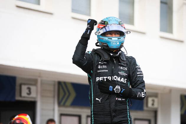 RUSSELL George (gbr), Mercedes AMG F1 Team W13, portrait celebrating his first pole position during the Formula 1 Aramco Magyar Nagydij 2022, Hungarian Grand Prix 2022, 12th round of the 2022 FIA Formula One World Championship, WM, Weltmeisterschaft from July 28 to 31, 2022 on the Hungaroring, in Mogyorod, Hungary - F1 - HUNGARIAN GRAND PRIX 2022 DPPI Panoramic  00122030_AV6_7194