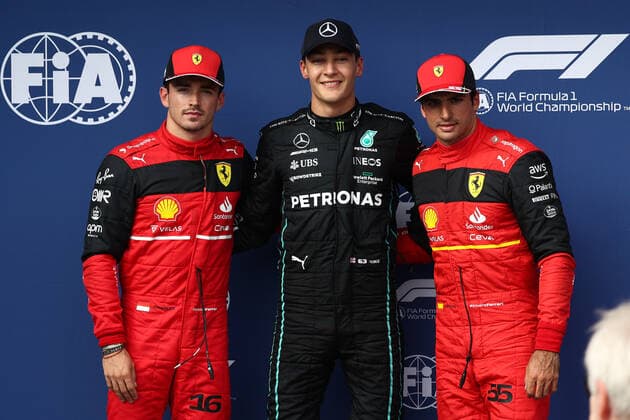 F1 Hungarian Grand Prix Qualifying Charles Leclerc of Ferrari, George Russell of Mercedes and Carlos Sainz of Ferrari after the qualifying for the Formula 1 Hungarian Grand Prix at Hungaroring in Budapest, Hungary on July 30, 2022. Budapest Hungary  Copyright: xJakubxPorzyckix originalFilename:porzycki-f1hungar220730_npcrZ.jpg