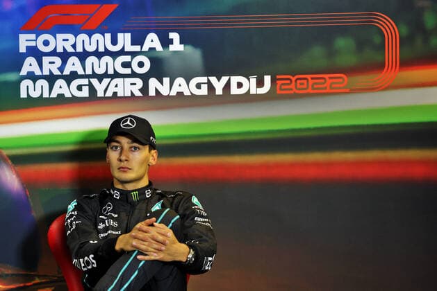 RUSSELL George (gbr), Mercedes AMG F1 Team W13, portrait, post race press conference, PK, Pressekonferenz during the Formula 1 Aramco Magyar Nagydij 2022, Hungarian Grand Prix 2022, 12th round of the 2022 FIA Formula One World Championship, WM, Weltmeisterschaft from July 28 to 31, 2022 on the Hungaroring, in Mogyorod, Hungary - F1 - HUNGARIAN GRAND PRIX 2022 - RACE DPPI Panoramic PressCon_2ED_JB_033