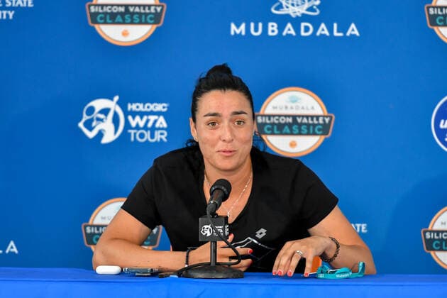 SAN JOSE, CA - AUGUST 01: Wimbledon finalist Ons Jabeur takes question during a press meeting at the MUBADALA Silicon Valley Classic on Monday, August 1, 2022 at the San Jose State Tennis Center in San Jose, California. (Photo by Douglas Stringer Icon Sportswire) TENNIS: AUG 01 Silicon Valley Classic Icon220801001