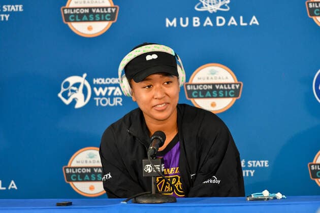SAN JOSE, CA - AUGUST 01: Four-time Grand Slam champion Naomi Osaka answering question during the press conference, PK, Pressekonferenz at the MUBADALA Silicon Valley Classic on Monday, August 1, 2022 at the San Jose State Tennis Center in San Jose, California. (Photo by Douglas Stringer Icon Sportswire) TENNIS: AUG 01 Silicon Valley Classic Icon220801002