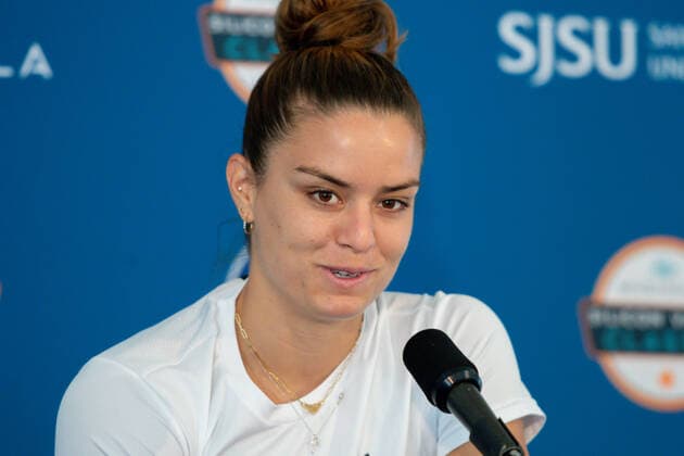 SAN JOSE, CA - AUGUST 01: No. 1 seed Maria Sakkari answers questions during the press interview at the MUBADALA Silicon Valley Classic on Monday, August 1, 2022 at the San Jose State Tennis Center in San Jose, California. (Photo by Douglas Stringer Icon Sportswire) TENNIS: AUG 01 Silicon Valley Classic Icon220801004