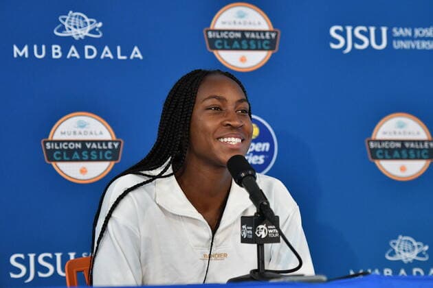 SAN JOSE, CA - AUGUST 01: Coco Gauff, a Roland Garros finalist answers questions during a press conference, PK, Pressekonferenz at the MUBADALA Silicon Valley Classic on Monday, August 1, 2022 at the San Jose State Tennis Center in San Jose, California. (Photo by Douglas Stringer Icon Sportswire) TENNIS: AUG 01 Silicon Valley Classic Icon220801006