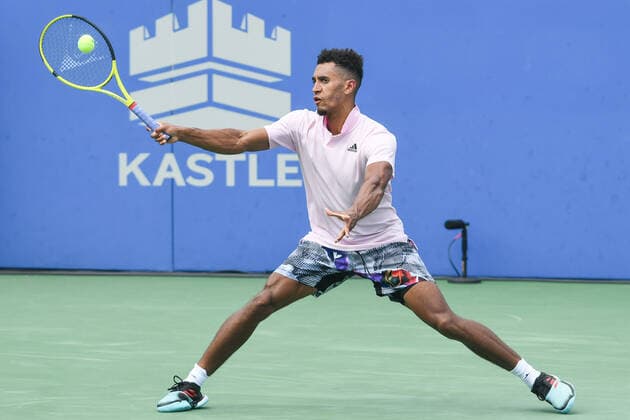 August 1, 2022, Washington, District of Columbia, USA: MICHAEL MMOH hits a forehand during his match against Denis Kudla at the Rock Creek Tennis Center. Tennis 2022: Citi Open  - ZUMA 20220801_mda_g196_195 Copyright: xKylexGustafsonx