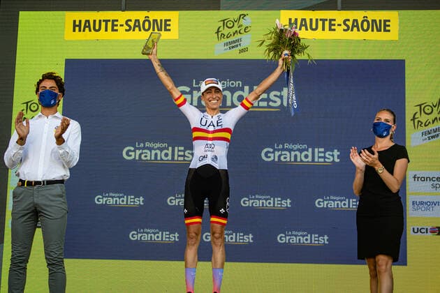 GARCIA CANELLAS Margarita Victo Tour de France Femmes 2022 8 Stage GARCIA CANELLAS Margarita Victo ESP UAE TEAM ADQ UAD UAE Most Active Rider Award Ceremony Medal Ceremony Podium Landscape Horizontal Landscape Event Tour de France Femmes avec Zwift 8 Stage Category Category Cycling Road Cycling Cycling Tour Elite Women 2 WWT Location Location Europe France Start Lure Finish La Super Plance Des Belles Filles Discipline Road Race RR Cycling Tour Distance 123,3 km Date Date 31 07 2022 Sunday