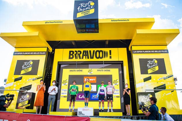 VOS Marianne, VAN VLEUTEN Annemiek, VAN ANROOIJ Shirin, VOLLERING Demi Tour de France Femmes 2022 8 Stage VOS Marianne NED TEAM JUMBO VISMA JVW NED Points Classement Best Sprinter VAN VLEUTEN Annemiek NED MOVISTAR TEAM WOMEN MOV ESP Leader Jersey Award VAN ANROOIJ Shirin NED TREK SEGAFREDO TFS USA Best Youngest Rider VOLLERING Demi NED TEAM SD WORX SDW NED Mountain Jersey Best Climber All Leader Jersseys Award Ceremony Medal Ceremony Podium Landscape Horizontal Landscape Event Event Tour de France Femmes avec Zwift 8 Stage Category Category Cycling Road Cycling Cycling Tour Elite Women 2 WWT Location Place Europe France Start Lure Finish La Super Plance Des Belles Filles Discipline Road Race RR Cycling Tour Distance 123,3 km Date Date 31 07 2022 Sunday