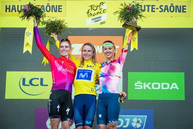 VOLLERING Demi, VAN VLEUTEN Annemiek, NIEWIADOMA Katarzyna Tour de France Femmes 2022 8 Stage VOLLERING Demi NED TEAM SD WORX SDW NED Second Place VAN VLEUTEN Annemiek NED MOVISTAR TEAM WOMEN MOV ESP Winner First Place NIEWIADOMA Katarzyna POL CANYON SRAM RACING CSR GER Third Place Classement General Award Ceremony Medal Ceremony Podium Landscape Event Event Tour de France Femmes avec Zwift 8 Stage Category Category Cycling Road Cycling Tour Elite Women 2 WWT Location Place Europe France Start Lure Finish La Super Plance Des Belles Filles Discipline Road Race RR Cycling Tour Distance 123,3 km Date Date 31 07 2022 Sunday