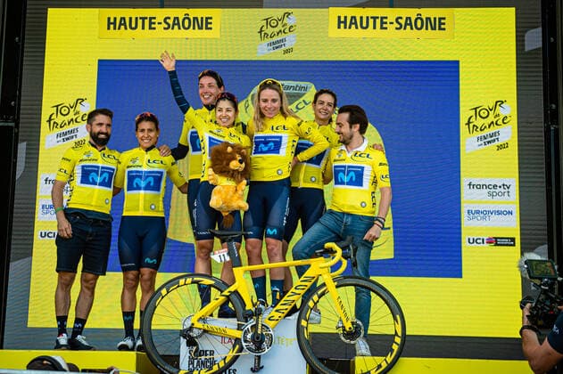 MOVISTAR TEAM WOMEN Tour de France Femmes 2022 8 Stage VAN VLEUTEN Annemiek NED SIERRA CANADILLA Arlenis CUB PATINO BEDOYA Paula Andrea COL GUTIERREZ Sheyla ESP BIANNIC Aude FRA MOVISTAR TEAM WOMEN MOV ESP Leader Jersey Team Award Ceremony Medal Ceremony Podium Landscape landscape t.v. horizontal Landscape Event Event Tour de France Femmes avec Zwift 8 Stage Category Category Cycling Road Cycling Tour Elite Women 2 WWT Location Place Europe France Start Lure Finish La Super Plance Des Belles Filles Discipline Road Race RR Cycling Tour Distance 123,3 km Date Date 31 07 2022 Sunday