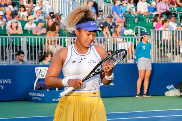 SAN JOSE, CA - AUGUST 02: Naomi Osaka (JPN) checks her racket in the final game of set three in the Mubadala Silicon Valley Classic on Tuesday, August 2, 2022 at the Tennis Complex at San Jose State University in San Jose, California. (Photo by Douglas Stringer Icon Sportswire) TENNIS: AUG 02 Silicon Valley Classic Icon220802121