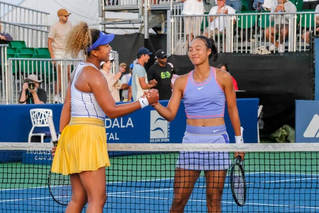 SAN JOSE, CA - AUGUST 02: Naomi Osaka (JPN) and Qinwen Zheng (CHN) shake hands over the net after Naomi Osaka (JPN) wins the match in the Mubadala Silicon Valley Classic on Tuesday, August 2, 2022 at the Tennis Complex at San Jose State University in San Jose, California. (Photo by Douglas Stringer Icon Sportswire) TENNIS: AUG 02 Silicon Valley Classic Icon220802124