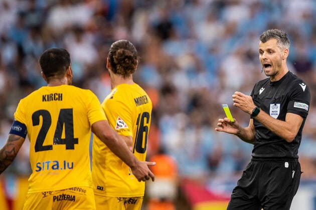 220804 Referee Enea Jorgji during the UEFA Europa League qualification match between Malmö FF and Diddeleng on August 4, 2022 in Malmö Photo Mathilda Ahlberg BILDBYRAN COP 240 MA0288 fotboll football soccer fotball uefa europa league kval qualifying round qualification malmö ff diddeleng bbeng dudelange,  Copyright: MATHILDAxAHLBERG BB220804BB211