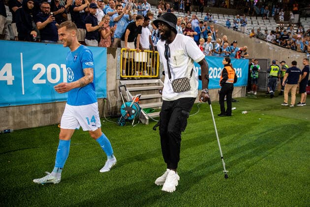 220804 Felix Beijmo and MahamÃ Siby of Malmö FF after the UEFA Europa League qualification match between Malmö FF and Diddeleng on August 4, 2022 in Malmö Photo Mathilda Ahlberg BILDBYRAN COP 240 MA0288 football football soccer fotball uefa europa league kval qualifying round qualification malmö ff diddeleng bbeng dudelange,  Copyright: MATHILDAxAHLBERG BB220804BB302