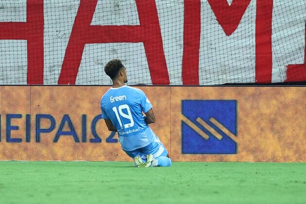 Fußball, EL-Quali, Olympiakos Piräus - SK Slovan Bratislava Olympiacos F.C. v Slovan Bratislava UEFA Europa League Andre Green of Slovan Bratislava celebrates scoring his teams first goal during the UEFA Europa League Third Qualifying Round First Leg match at Karaiskakis Stadium, Piraeus Content Not Available For UK Newspapers Copyright: xYannisxHalasx FIL-17174-0033 UK Newspapers OUT