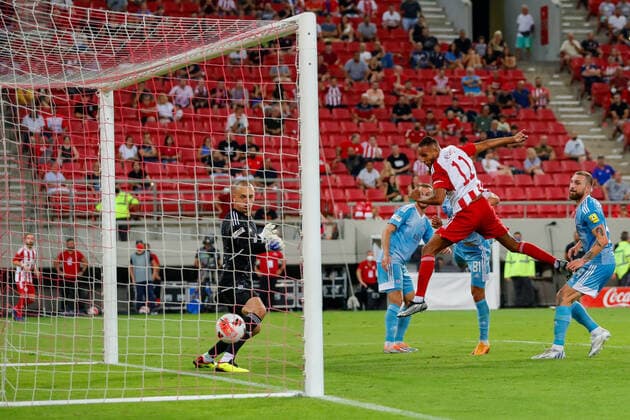 Olympiacos F.C. v Slovan Bratislava UEFA Europa League Youssef El Arabi of Olympiacos F.C. scores a goal with a header during the UEFA Europa League Third Qualifying Round First Leg match at Karaiskakis Stadium, Piraeus Content Not Available For UK Newspapers Copyright: xYannisxHalasx FIL-17174-0041 UK Newspapers OUT