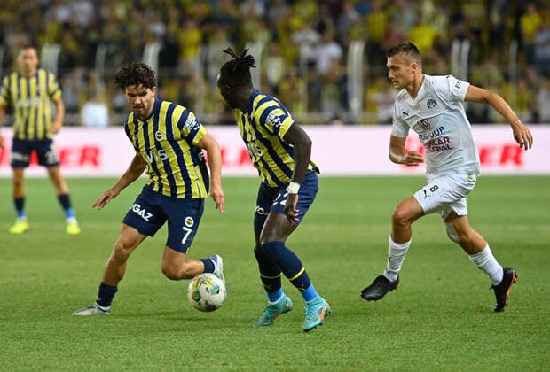 Ferdi Kadioglu , Armindo Tue Na Bangna Bruma (22) of Fenerbahce SK and Vladislav Levin (8) of FC Slovacko during the UEFA Europa League Third Qualifying Round first Leg match between Fenerbahce SK and FC Slovacko at Ulker Stadium in Istanbul Turkey on August 04 , 2022. ( Photo by Seskimphoto ) 