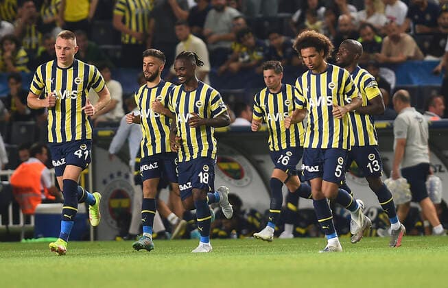 Attila Szalai (41) and Lincoln Henrique Oliveira dos Santos (28) , Willian Arao (5) of Fenerbahce SK during the UEFA Europa League Third Qualifying Round first Leg match between Fenerbahce SK and FC Slovacko at Ulker Stadium in Istanbul Turkey on August 04 , 2022. ( Photo by Seskimphoto ) 