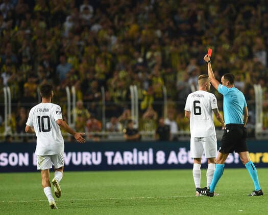 Referee Joao Pinheiro show red card to Stanislav Hofmann FC Slovacko during the UEFA Europa League Third Qualifying Round first Leg match between Fenerbahce SK and FC Slovacko at Ulker Stadium in Istanbul Turkey on August 04 , 2022. ( Photo by Seskimphoto ) 