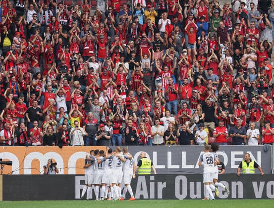 Goal celebration after the 0 3 in front of the Freiburg guest block FC Augsburg vs SC Freiburg, 1 Spieltag DFL REGULATIONS PROHIBIT ANY USE OF PHOTOGRAPHS AS IMAGE SEQUENCES AND OR QUASI VIDEO