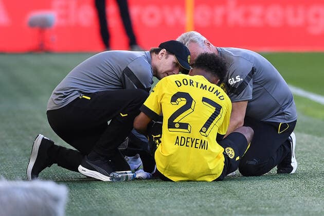 Soccer 1 Bundesliga 1 Matchday Borussia Dortmund Bayer 04 Leverkusen on 06 08 2022 at Signal Iduna Park in Dortmund Karim Adeyemi Dortmund injured on the ground DFL regulations prohibit any use of photographs as image sequences and or quasi video xRx