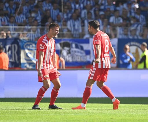 Football, men, season 2022 2023, 1 Bundesliga 1 matchday , 1 FC Union Berlin Hertha BSC 3 1 , v l Robin Knoche 1 FC Union , Rani Khedira 1 FC Union Berlin , cheering after goal to 3 0, 06 08 2022, Copyright: xMatthiasxKochx