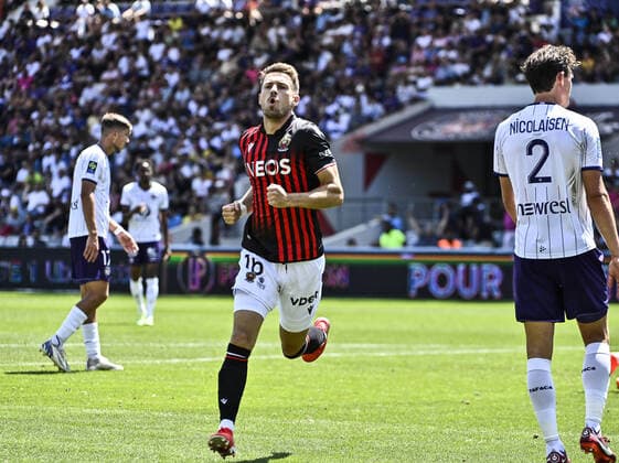 But et Joie Aaron Rasmey (ogc) FOOTBALL : Toulouse vs Nice - 1ere Journee du Championnat de Ligue1 UBEREATS - Toulouse - 07 08 2022 ThierryBreton Panoramic 