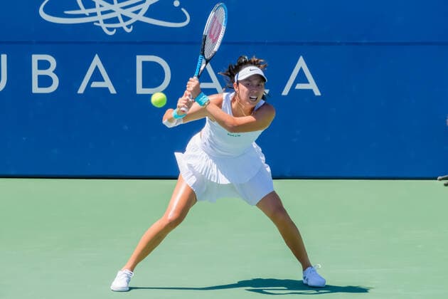 SAN JOSE, CA - AUGUST 07: Hao-Ching Chan (TPE) returns a server with a double backhand in the Doubles Final Round of the Mubadala Silicon Valley Classic on Sunday, August 7, 2022 at the Tennis Stadium, San Jose State University in San Jose, California. (Photo by Douglas Stringer Icon Sportswire) TENNIS: AUG 07 Silicon Valley Classic Icon220807043