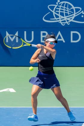SAN JOSE, CA - AUGUST 07: Yifan Xu (CHN) follows through with a backhand swing in the Doubles Final Round of the Mubadala Silicon Valley Classic on Sunday, August 7, 2022 at the Tennis Stadium, San Jose State University in San Jose, California. (Photo by Douglas Stringer Icon Sportswire) TENNIS: AUG 07 Silicon Valley Classic Icon220807047