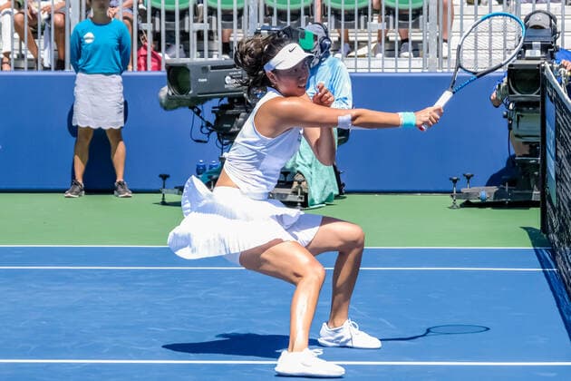 SAN JOSE, CA - AUGUST 07:Hao-Ching Chan (TPE) returns a lob near the net for the point in the Doubles Final Round of the Mubadala Silicon Valley Classic on Sunday, August 7, 2022 at the Tennis Stadium, San Jose State University in San Jose, California. (Photo by Douglas Stringer Icon Sportswire) TENNIS: AUG 07 Silicon Valley Classic Icon220807049