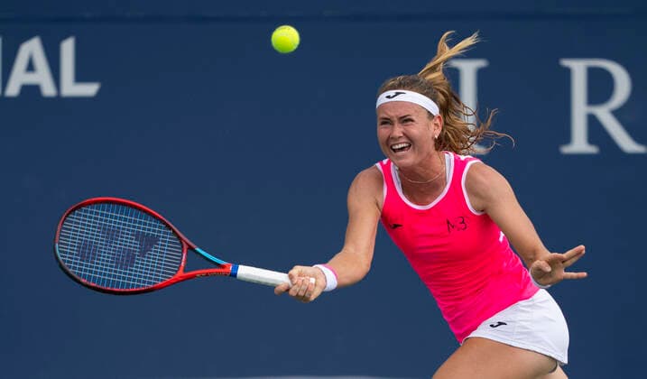 (220808) -- TORONTO, Aug. 8, 2022 -- Marie Bouzkova of the Czech Republic returns the ball against Tatjana Maria of Germany during the second round of women s singles qualifying match at the 2022 National Bank Open in Toronto, Canada, on Aug. 7, 2022. (Photo by Xinhua) (SP)CANADA-TORONTO-TENNIS-NATIONAL BANK OPEN-WOMEN S SINGLES-QUALIFYING ZouxZheng 