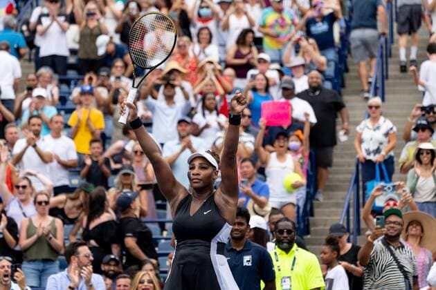 TORONTO, ON - AUGUST 08: Serena Williams celebrates after winning her National Bank Open tennis tournament first round match on August 8, 2022, at Sobeys Stadium in Toronto, ON, Canada. (Photo by Julian Avram Icon Sportswire via Getty Images) TENNIS: AUG 08 National Bank Open Icon2208081960