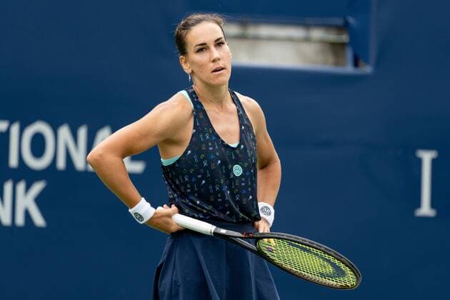 TORONTO, ON - AUGUST 08: Nuria Parrizas-Diaz reacts during her National Bank Open tennis tournament first round match on August 8, 2022, at Sobeys Stadium in Toronto, ON, Canada. (Photo by Julian Avram Icon Sportswire via Getty Images) TENNIS: AUG 08 National Bank Open Icon2208081837