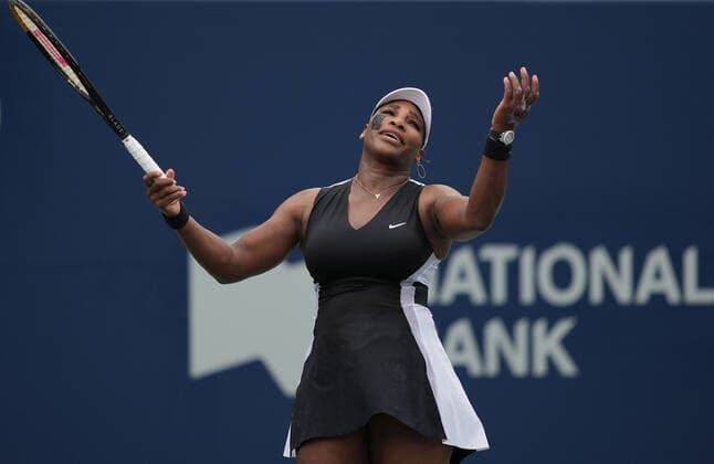 (220809) -- TORONTO, Aug. 9, 2022 -- Serena Williams reacts during the women s singles first round match between Serena Williams of the United States and Nuria Parrizas Diaz of Spain at the 2022 National Bank Open in Toronto, Canada, on Aug. 8, 2022. (Photo by Xinhua) (SP)CANADA-TORONTO-TENNIS-NATIONAL BANK OPEN-WOMEN S SINGLES ZouxZheng 