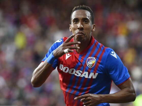 Jhon Mosquera of Viktoria celebrates the second goal in the Football Champions League 3rd qualifying round return match FC Viktoria Plzen vs FC Sheriff Tiraspol in Plzen, August 9, 2022. (CTKxPhoto MiroslavxChaloupka) CTKPhotoP2022080906594 