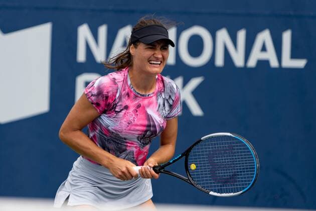 TORONTO, ON - AUGUST 09: Monica Niculescu reacts during her National Bank Open tennis tournament first round doubles match on August 9, 2022, at Sobeys Stadium in Toronto, ON, Canada. (Photo by Julian Avram Icon Sportswire) TENNIS: AUG 09 National Bank Open Icon2208090671