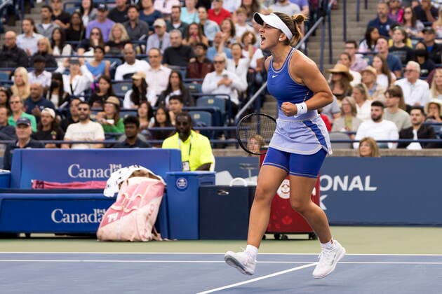 August 9, 2022, Toronto, ON, CANADA: Bianca Andreescu, of Canada, celebrates a point against Daria Kasatkina, of Russia, during tennis action at the National Bank Open in Toronto, Tuesday, Aug. 9, 2022. Canada News - August 9, 2022 - ZUMAc35_ 20220809_zaf_c35_191 Copyright: xColexBurstonx