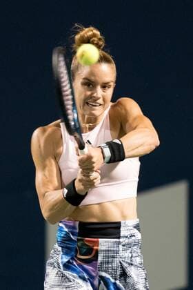 TORONTO, ON - AUGUST 09: Maria Sakkari returns the ball during her National Bank Open tennis tournament second round match on August 9, 2022, at Sobeys Stadium in Toronto, ON, Canada. (Photo by Julian Avram Icon Sportswire) TENNIS: AUG 09 National Bank Open Icon2208094161