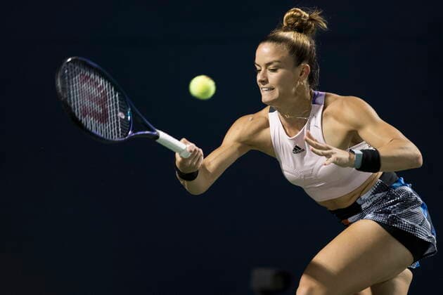 August 9, 2022, Toronto, ON, CANADA: Maria Sakkari, of Greece, returns a ball to Sloane Stephens, of the United States, during tennis action at the National Bank Open in Toronto, Tuesday, Aug. 9, 2022. Canada News - August 9, 2022 - ZUMAc35_ 20220809_zaf_c35_233 Copyright: xColexBurstonx
